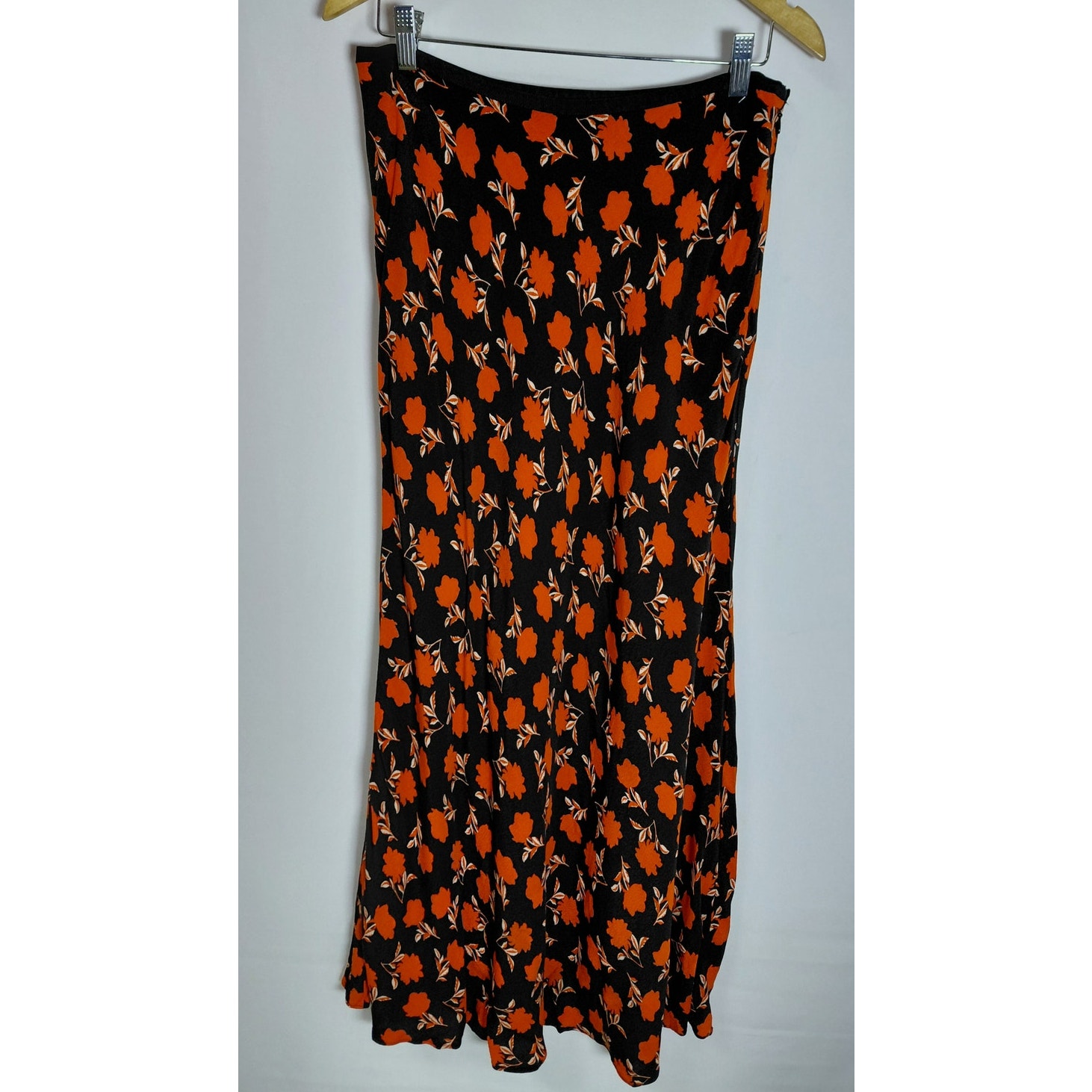 Ann Taylor Floral Midi Skirt Black Orange Lightweight Lined Women Size 10